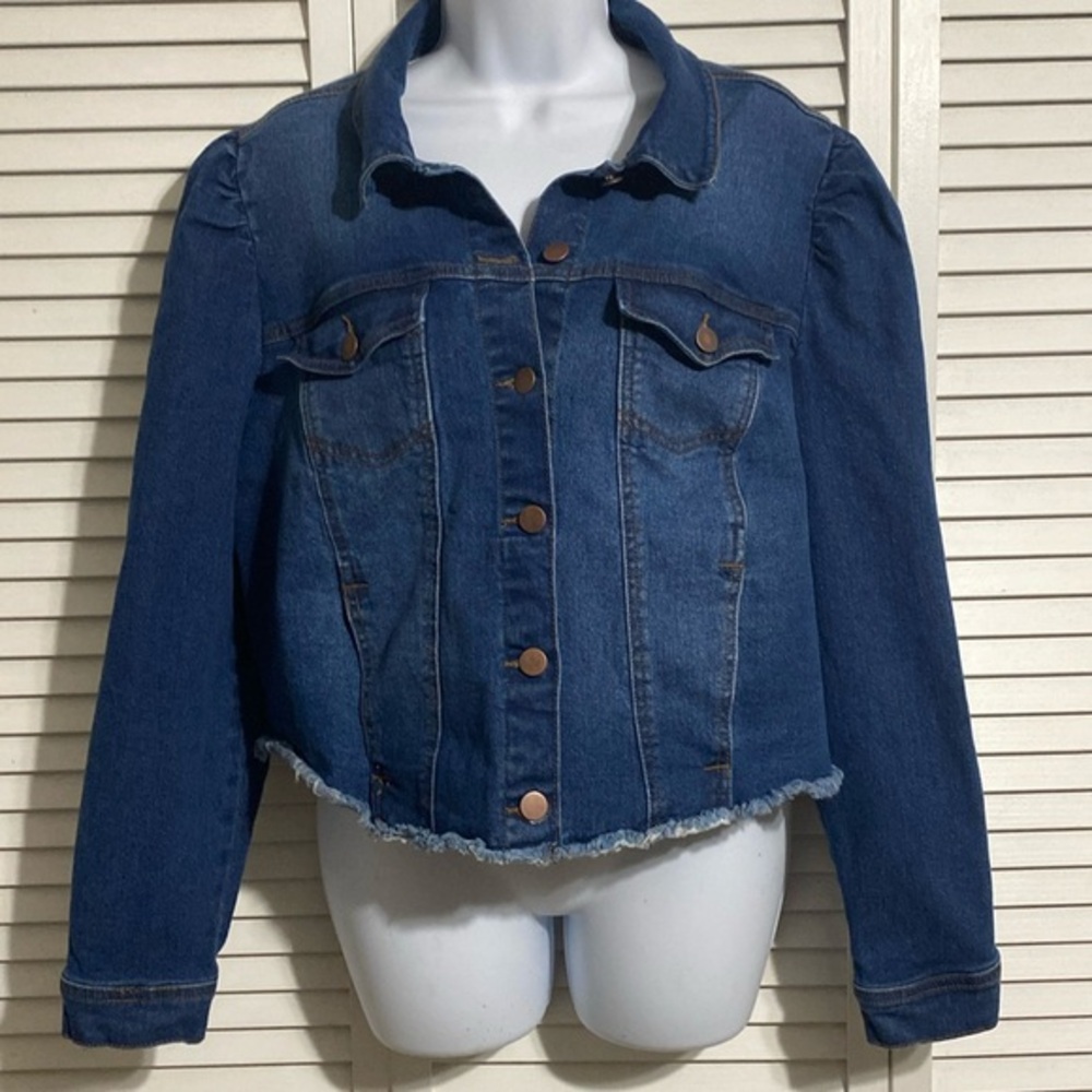 ALL WORTHY Denim Jean Jacket Button-up Puffed Raw hem Sz L